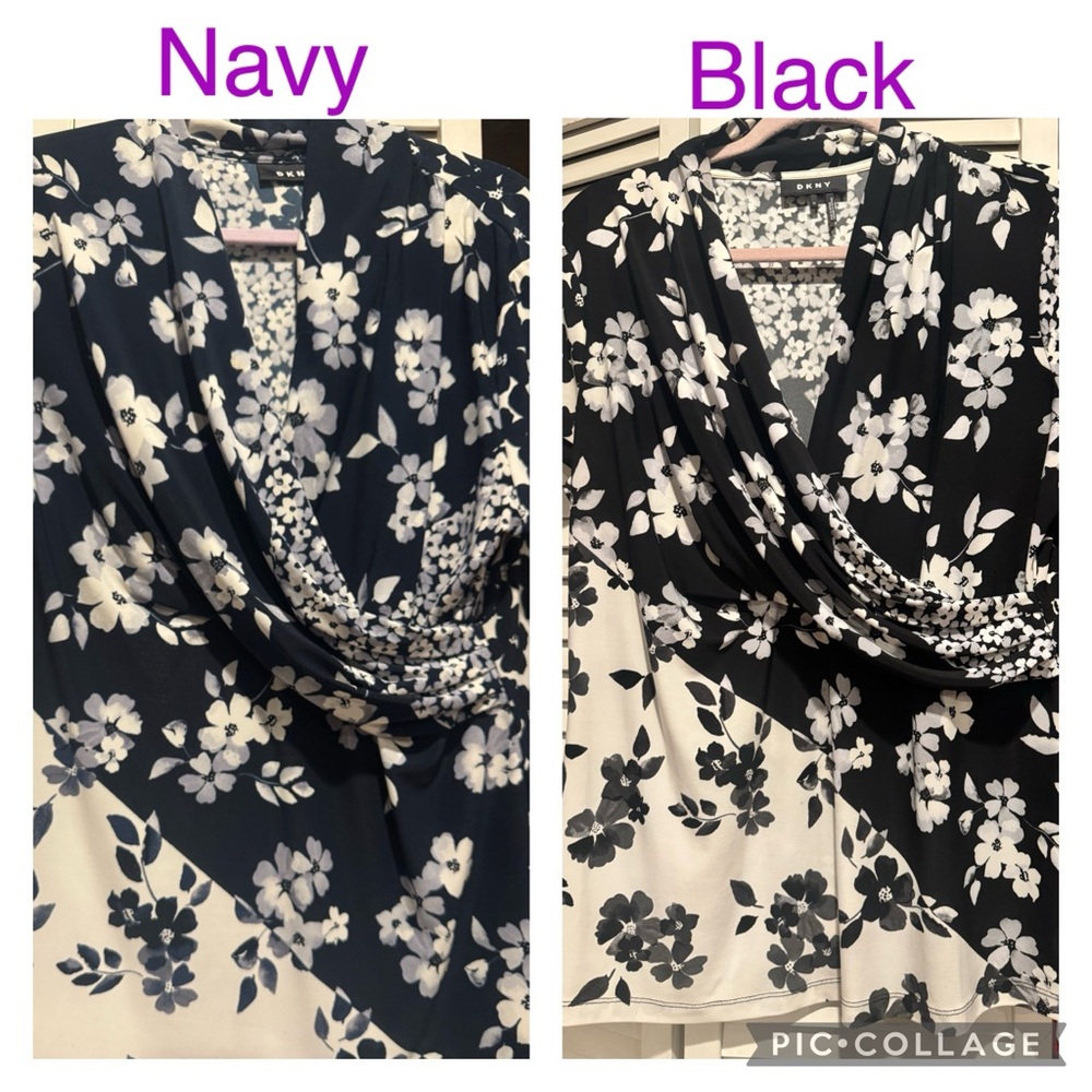DKNY set of 2 Black White AND Blue White Floral Women's faux wrap Top XL and L
